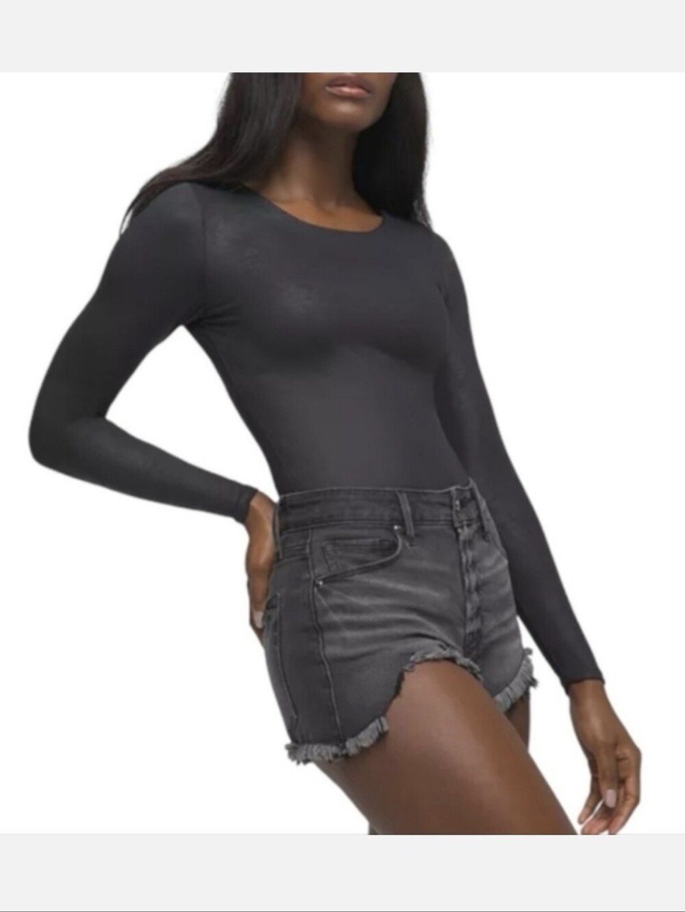 Good American Crew Neck Black Thong Long Sleeve Bodysuit